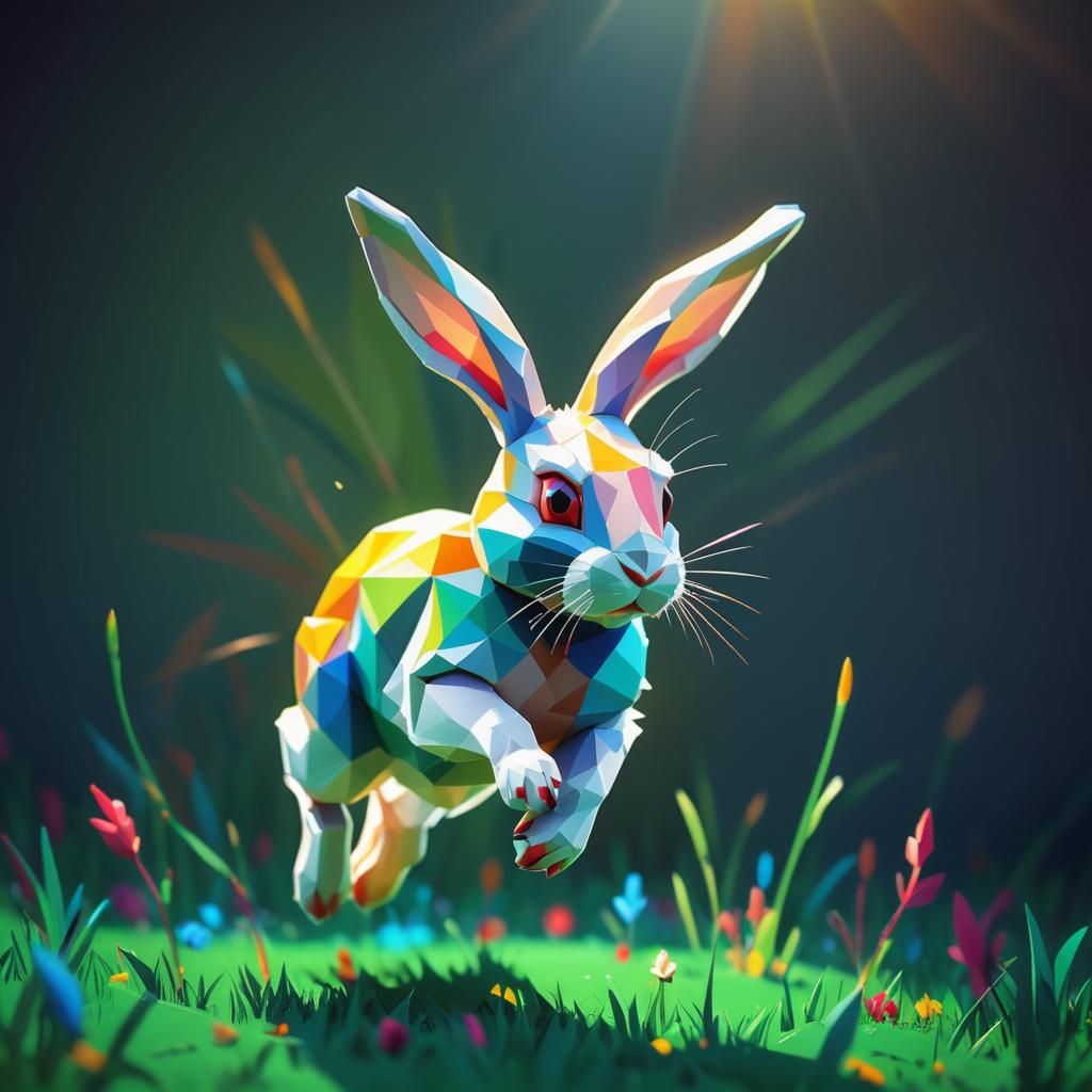 Rabbit Jumping in Sunny Meadow in Low-Poly Art