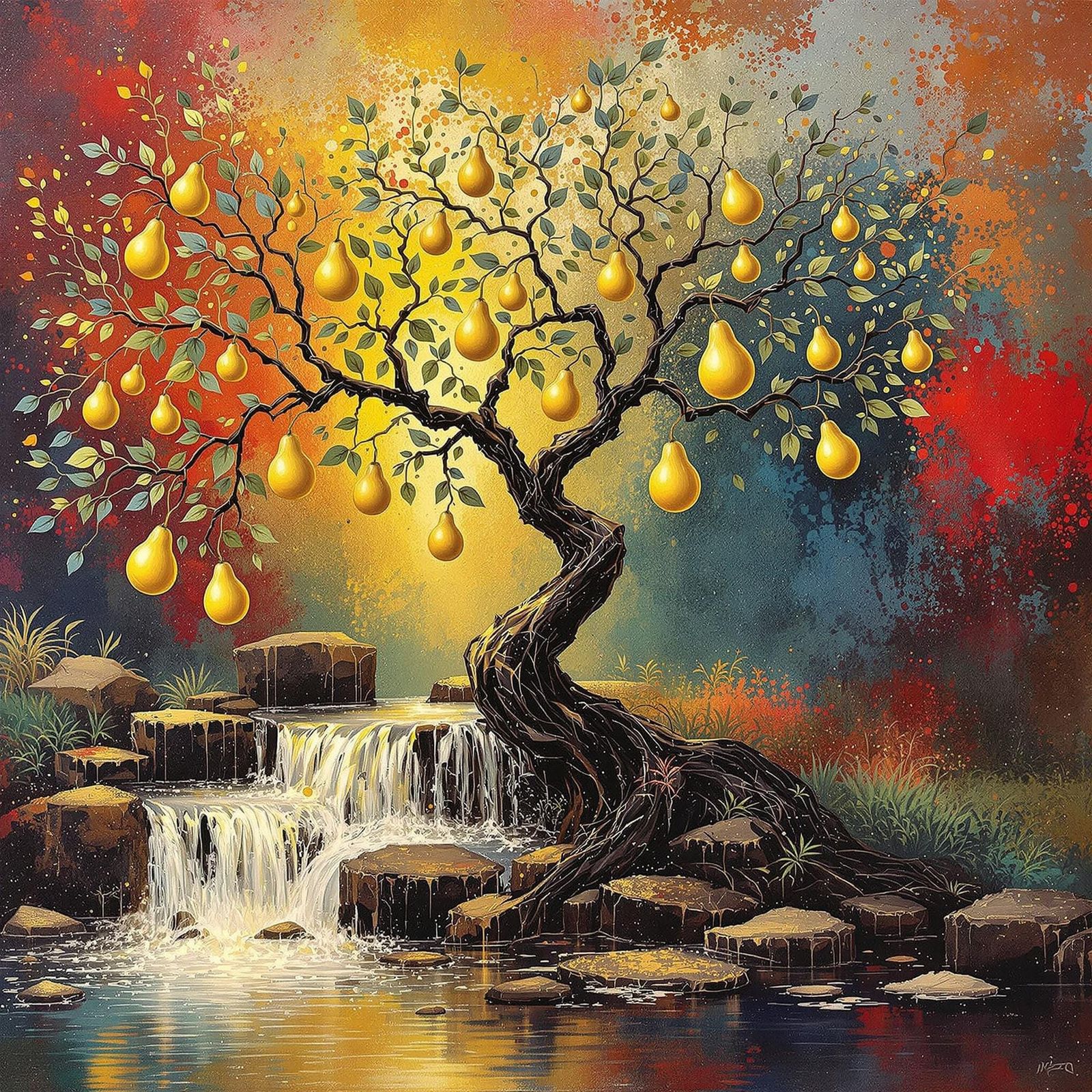 Vibrant Impasto Landscape of a Pear Tree in Distorted Realis...