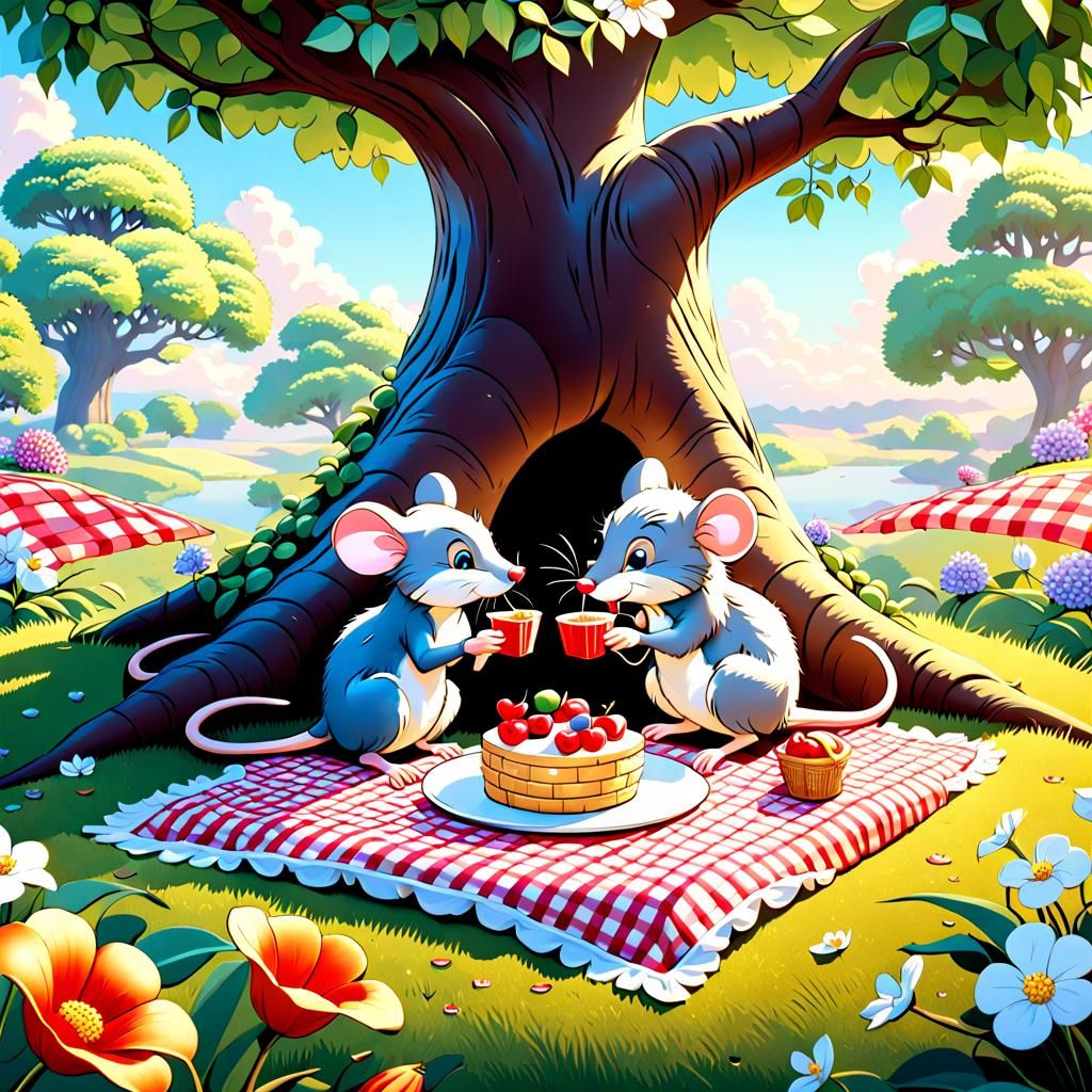 Romantic Cartoon Mice Picnic: Disney-Style Illustration
