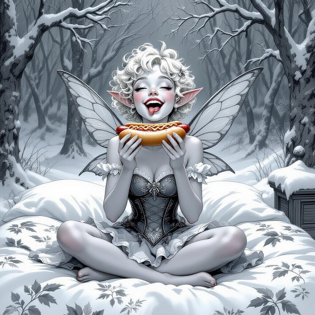 Young Fairy Eating Hotdog in Snowy Woodland, Grayscale Art