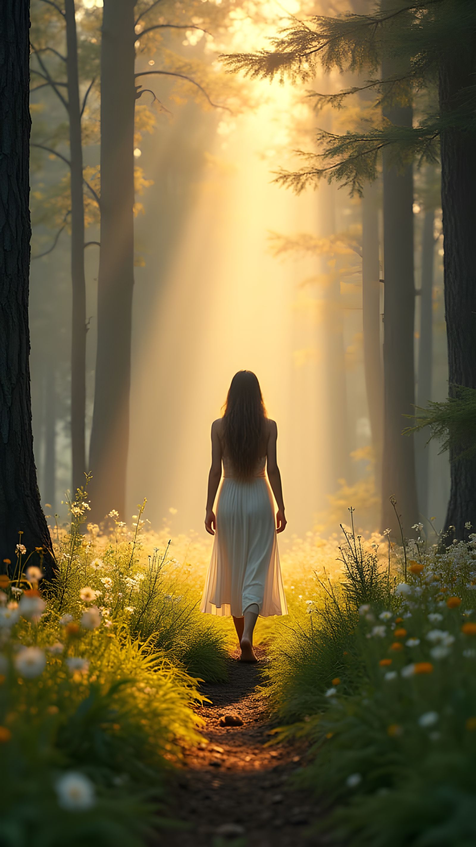 Nordic Woman in Magical Forest Glade at Dawn
