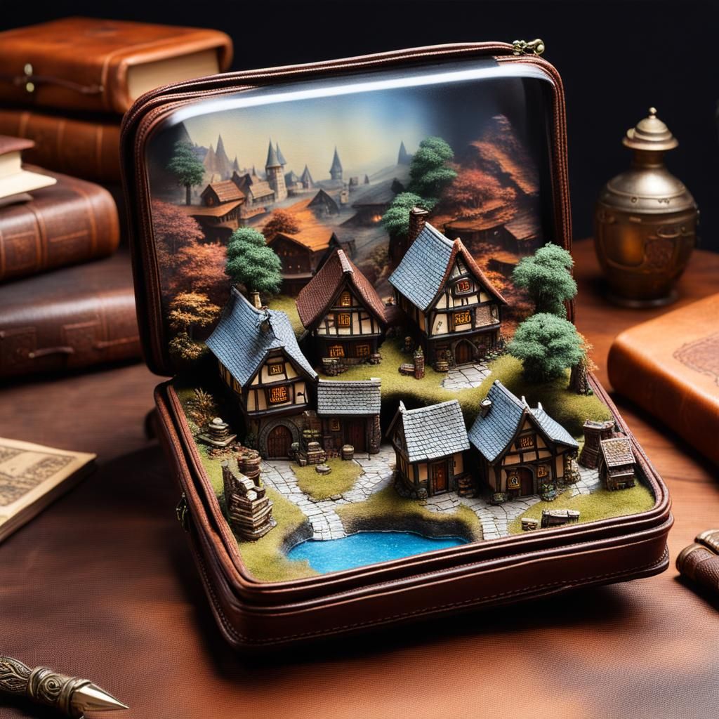 Miniature Fantasy Village in Open Leather Case