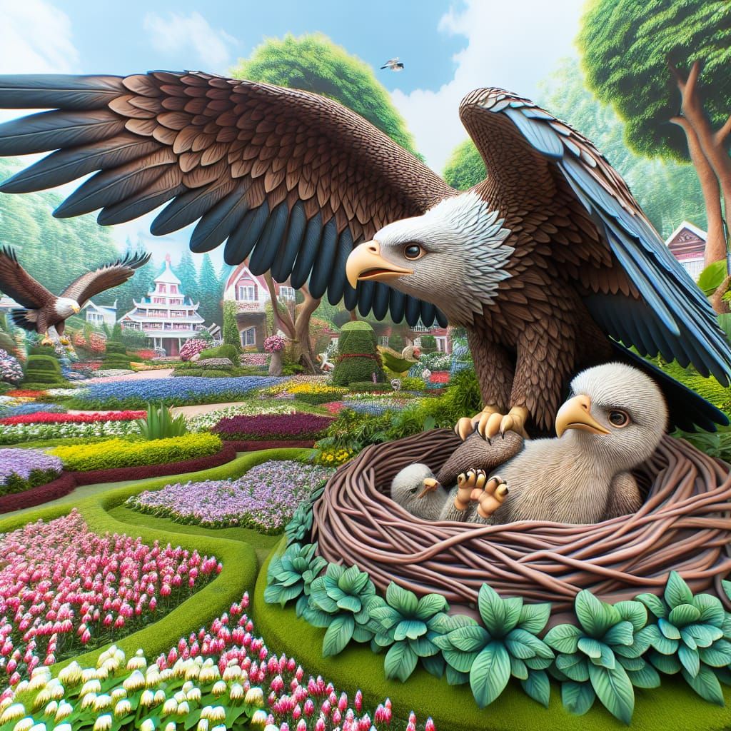 Disney Pixar style 3D adorable baby eagle, in a nest, mama eagle soaring in the sky above, bleeding heart flowers in the...