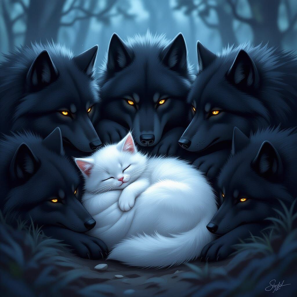 Tiny Kitten Sleeps Safely with Giant Wolves