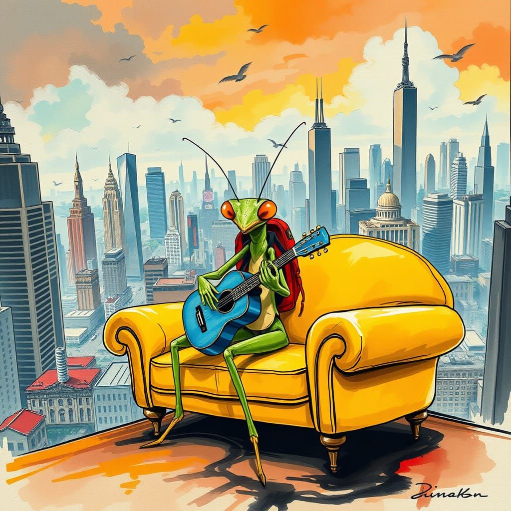 Vibrant Chibi Praying Mantis Plays Guitar on a Yellow Couch
