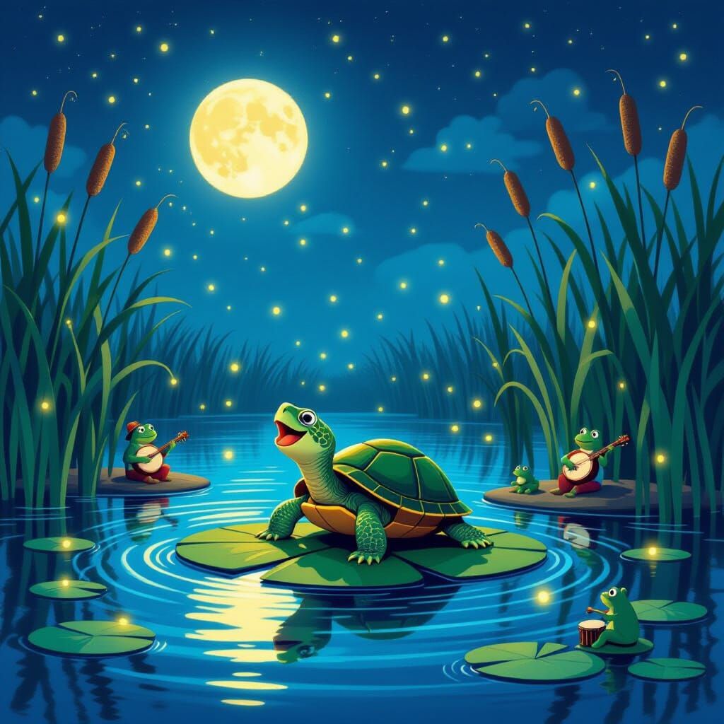 Moonlit Pond Turtle Serenade in Storybook Style