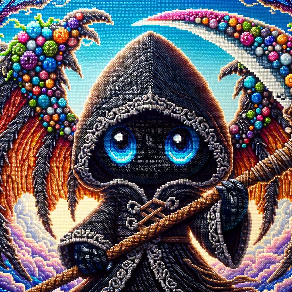 Cute Beaded Death with Dragon Wings in Fantasy Scene