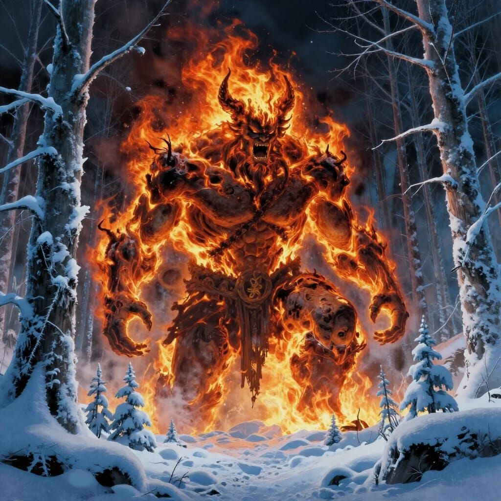 Flaming Giant Perishes in Frozen Forest Epic Concept Art