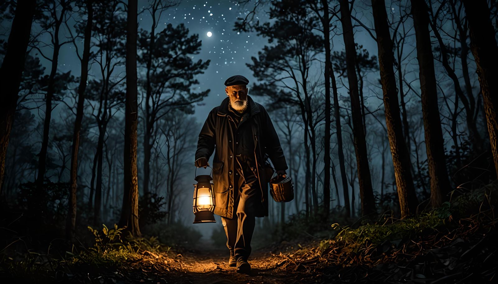 Hyperrealistic Old Man with Lantern in Dark Forest