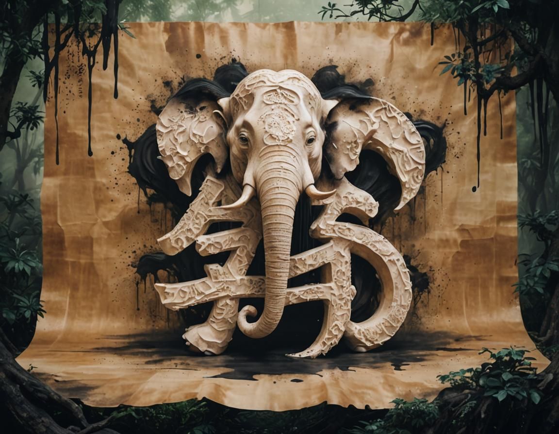 Calligraphic Elephant Art: 3D Ink Illustration