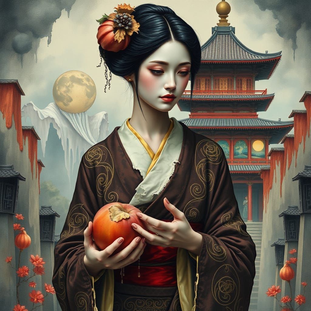 Geisha with Peach: Art Nouveau Heavy Metal Fusion