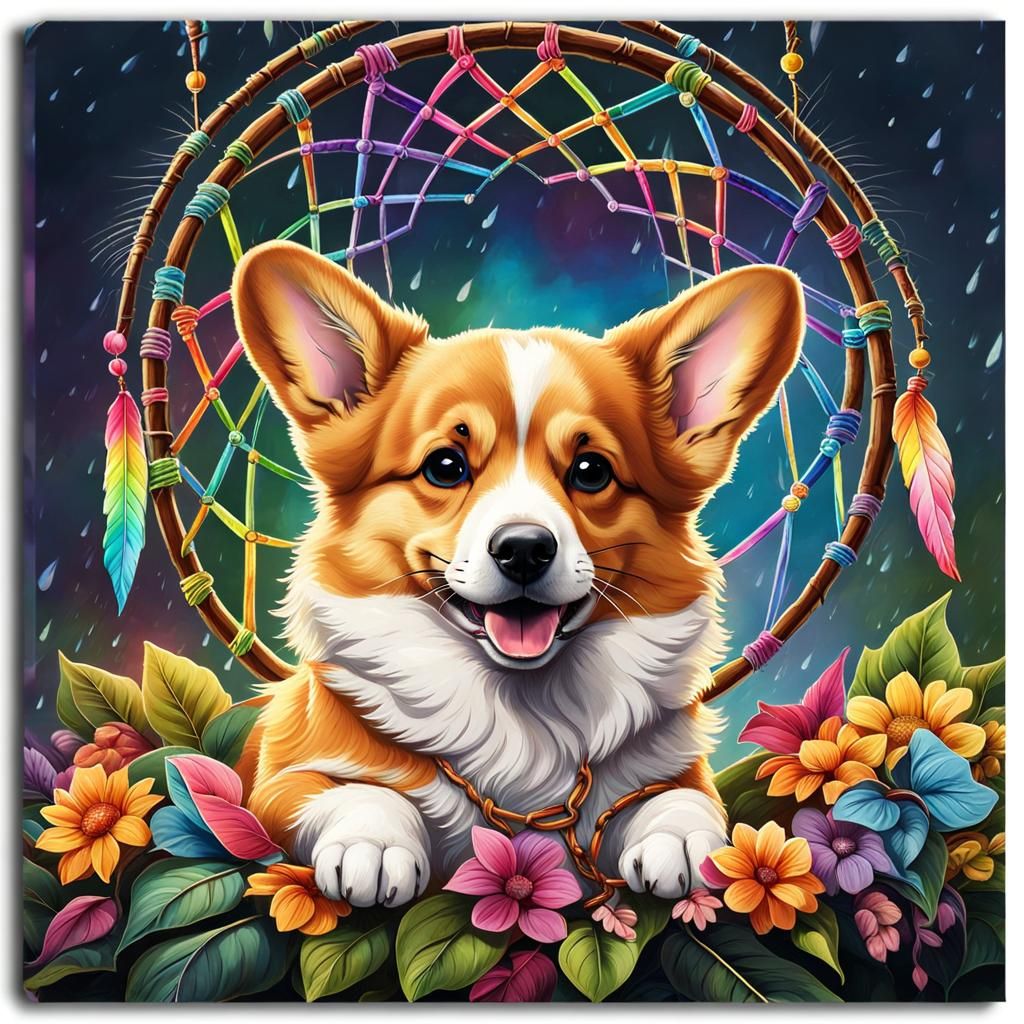 Corgi, Dream Catcher, and Rainbow