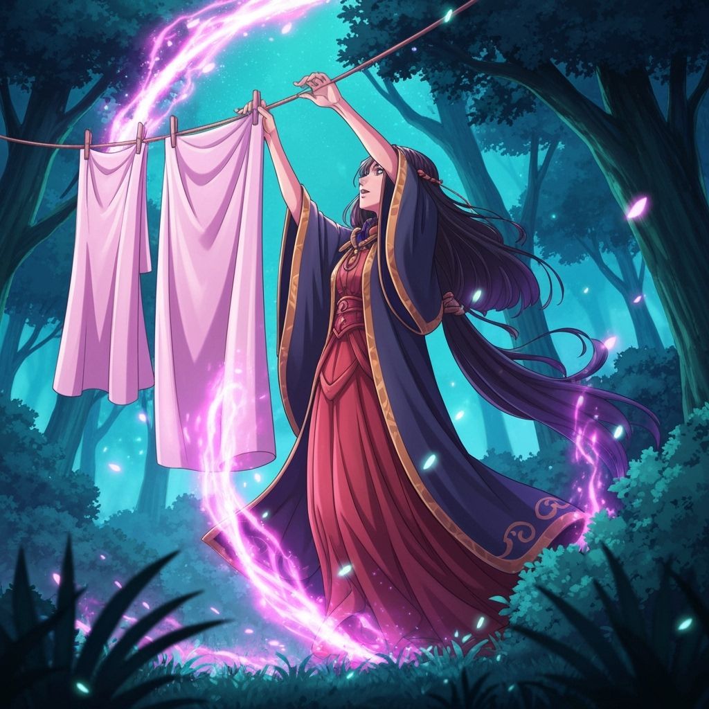 Wise Sorceress Hangs Laundry With Magical Flair in Anime Sty...