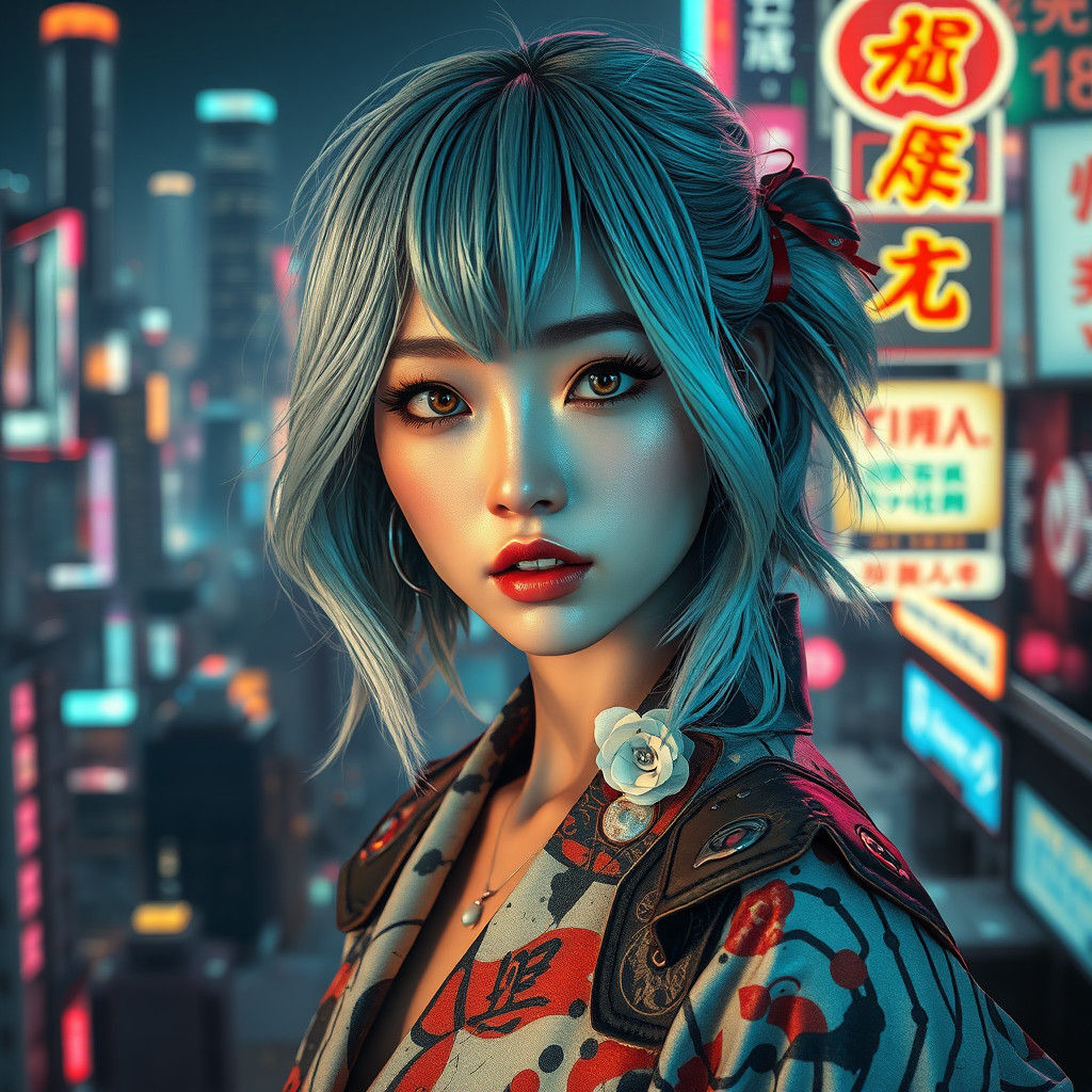 Cyberpunk Woman with Silver-Green Hair in Metropolis