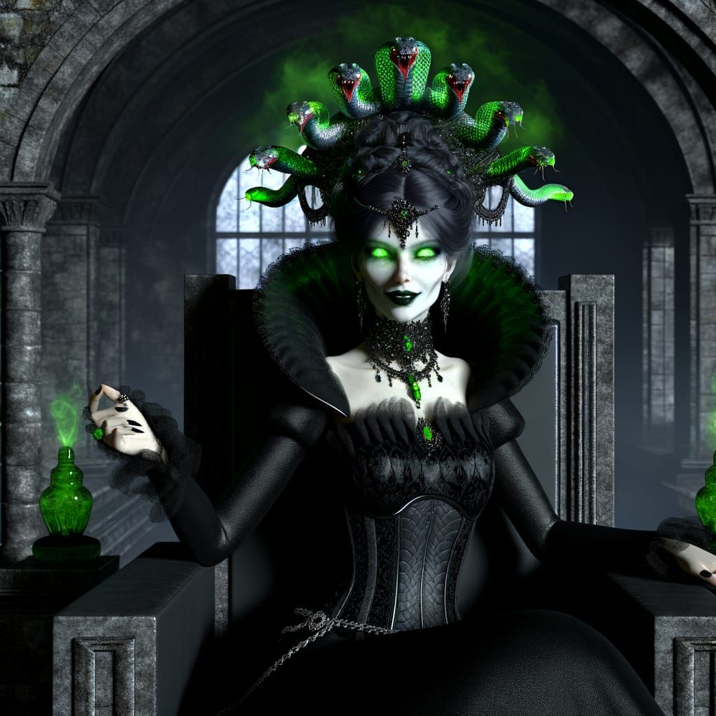 Queen of Poison on Throne in Dark Fantasy Style