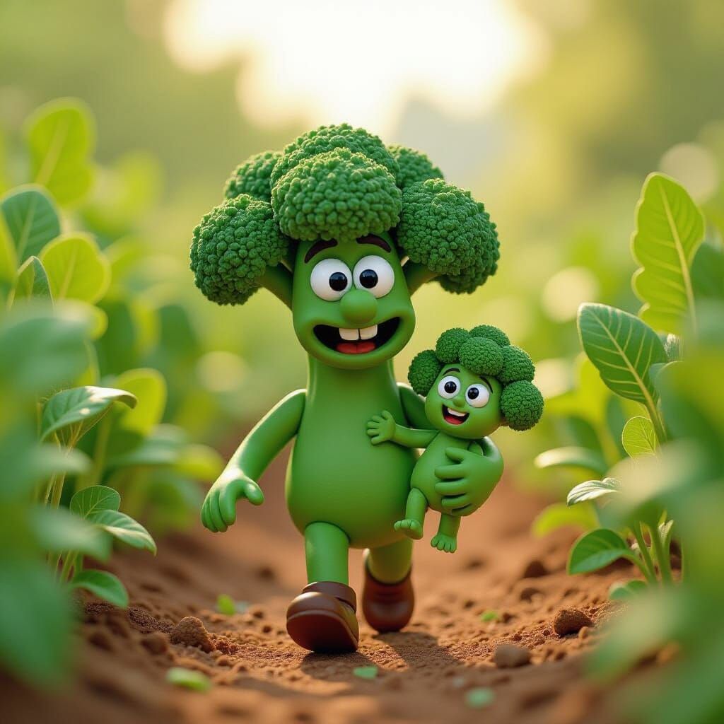 Broccoli Character in Claymation Style with Baby Broccoli
