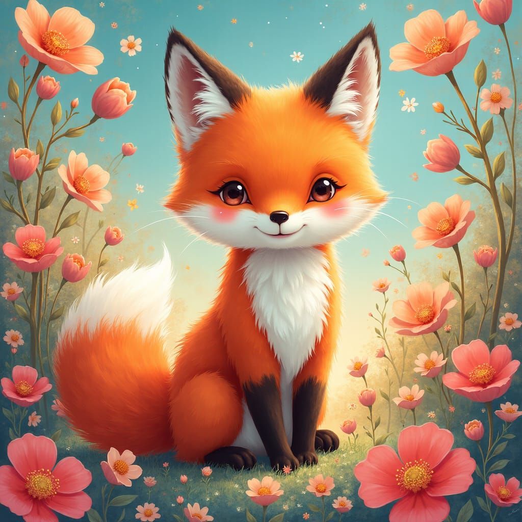 Celestial Floral Fox in Kawaii Style
