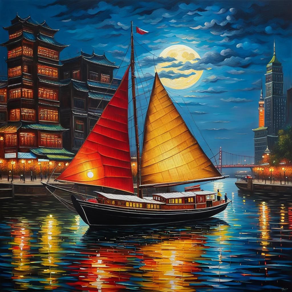 Surreal Sailboat Navigates Shanghai River Under Full Moon