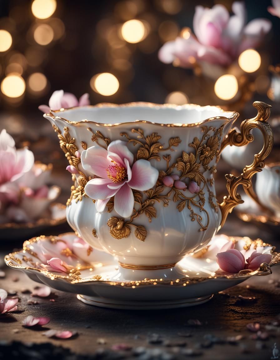 Rococo Porcelain Teacup with Magnolias, 3D Render
