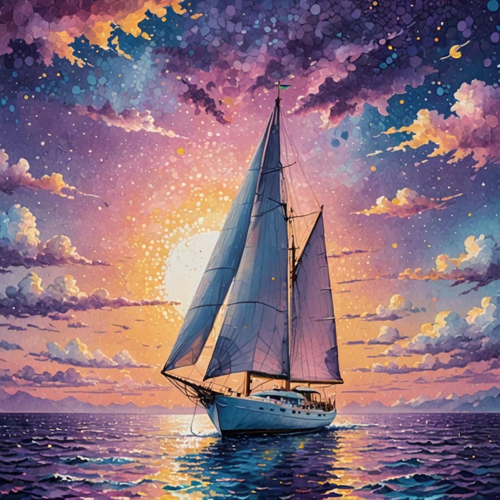 Sailboat Sunset Globe in Pointillism Style