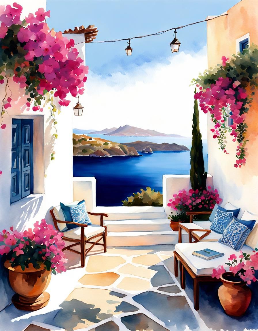 Greek Island Outdoor Seating in Watercolor Style