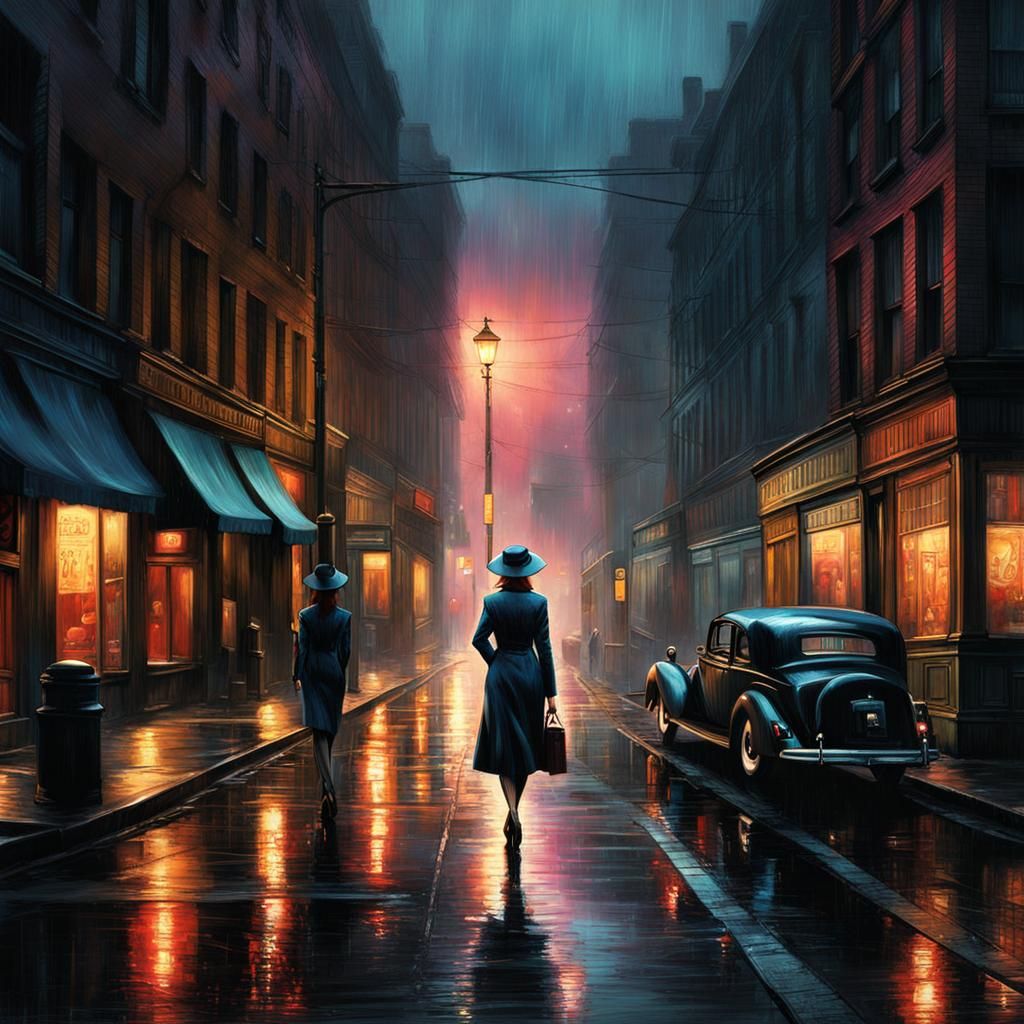 Film Noir Detective in Rainy City Street