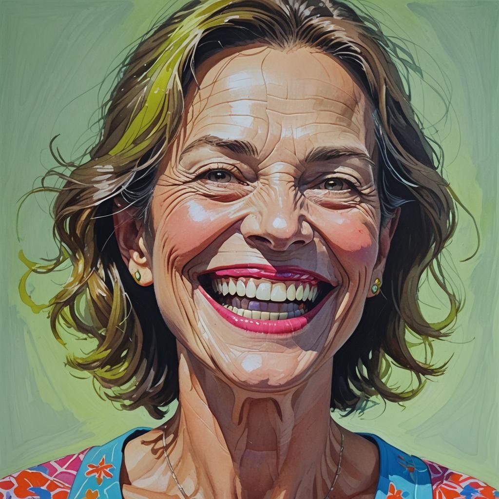 Fluorescent Teeth Woman: Gouache Detailed Painting