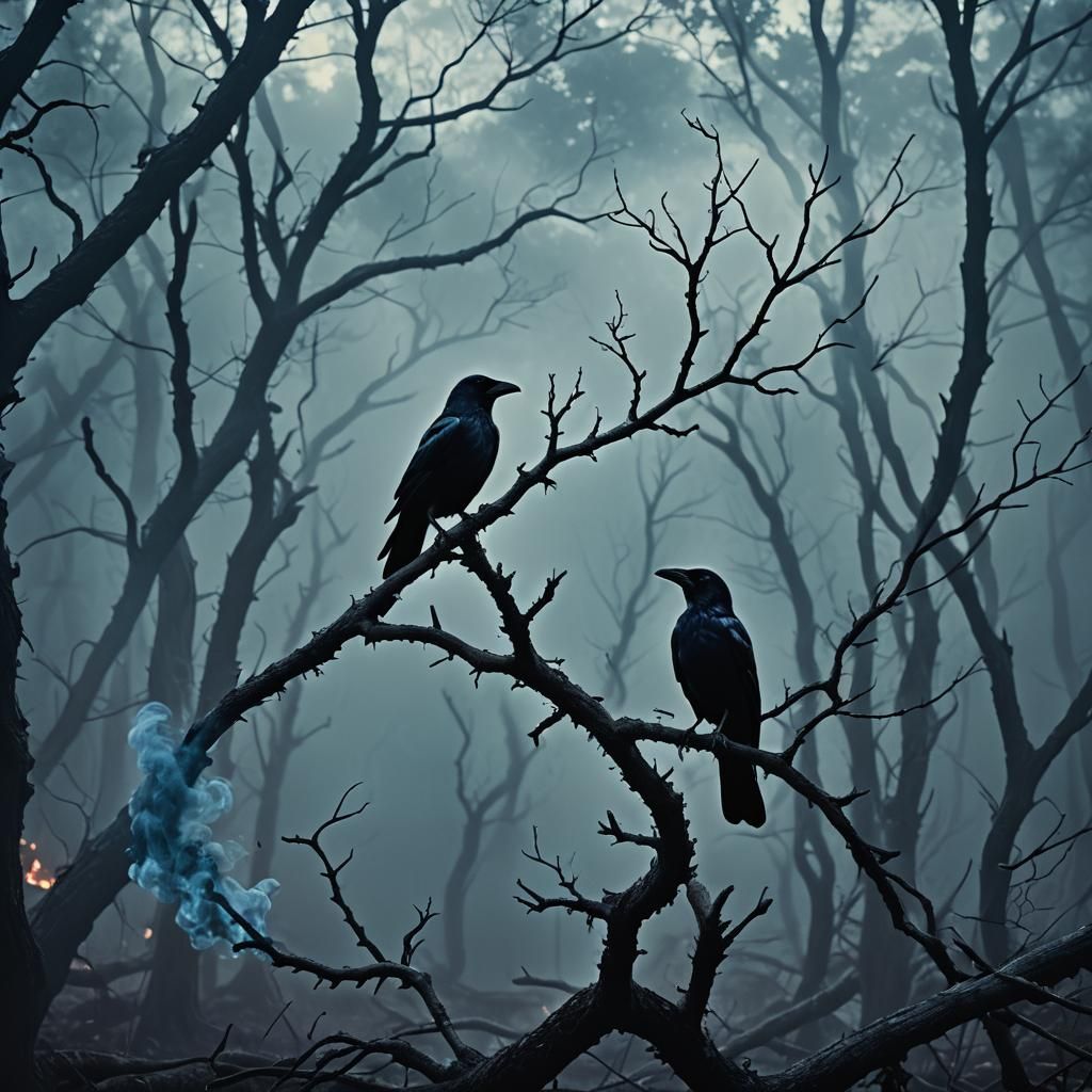 Crow in Dark Forest with Blue Smoke