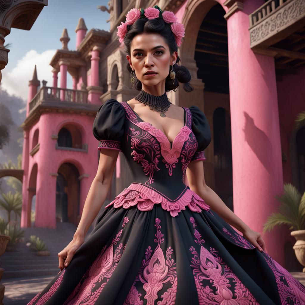 Mexican Woman in Black and Pink Dress: Digital Art