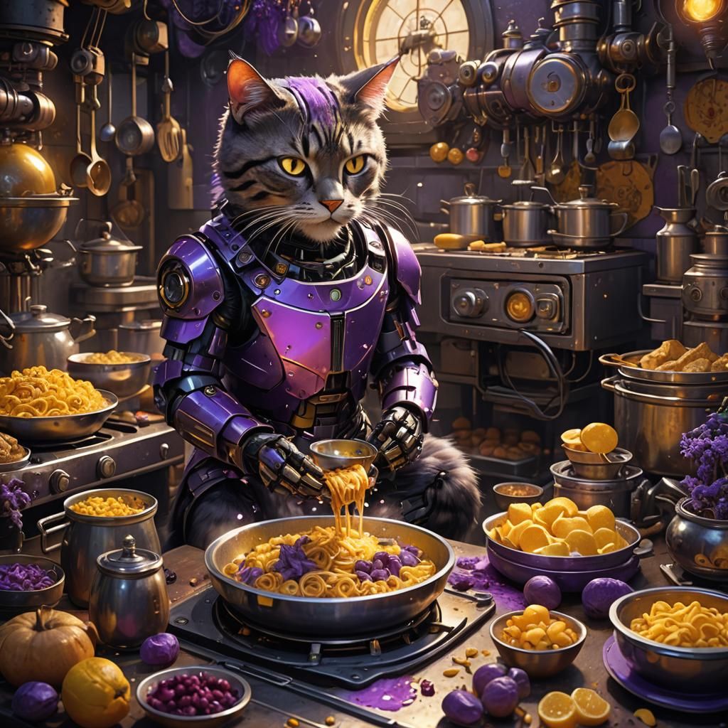 Robotic Cat Cooking Food: Dark Fantasy Concept Art