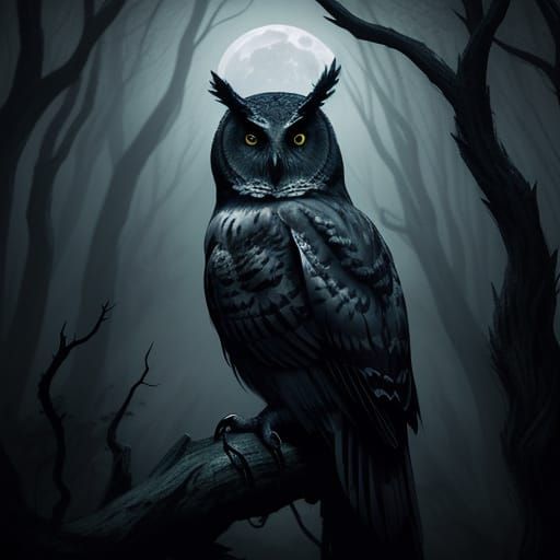 Gothic Owl Vampire in Moonlit Haunted Forest