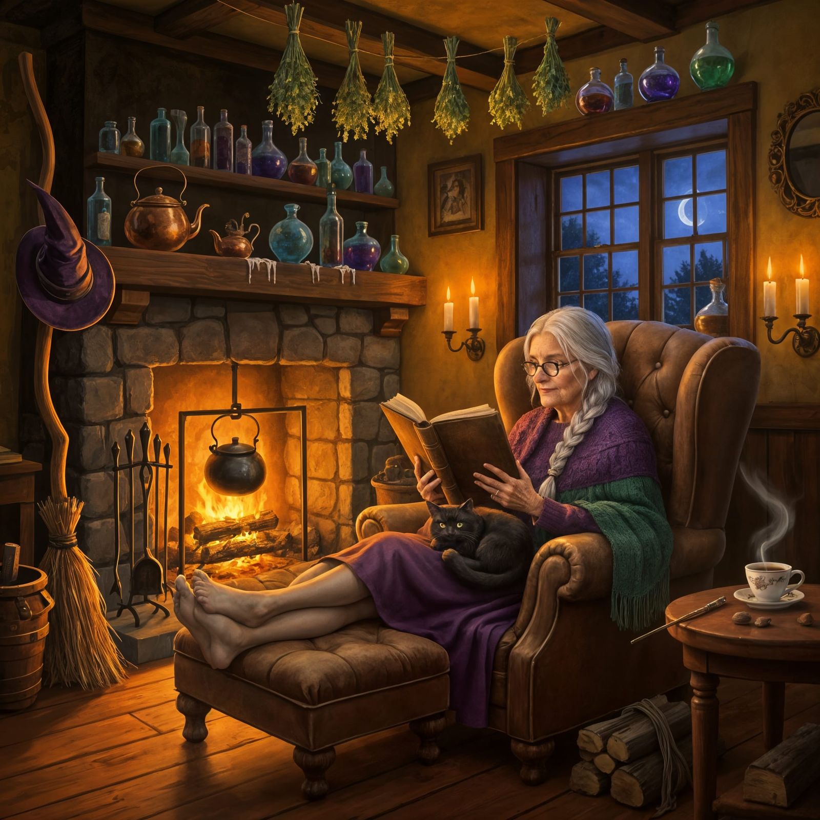 Elderly Witch Reading Grimoire by Fireplace in Warm Impressi...