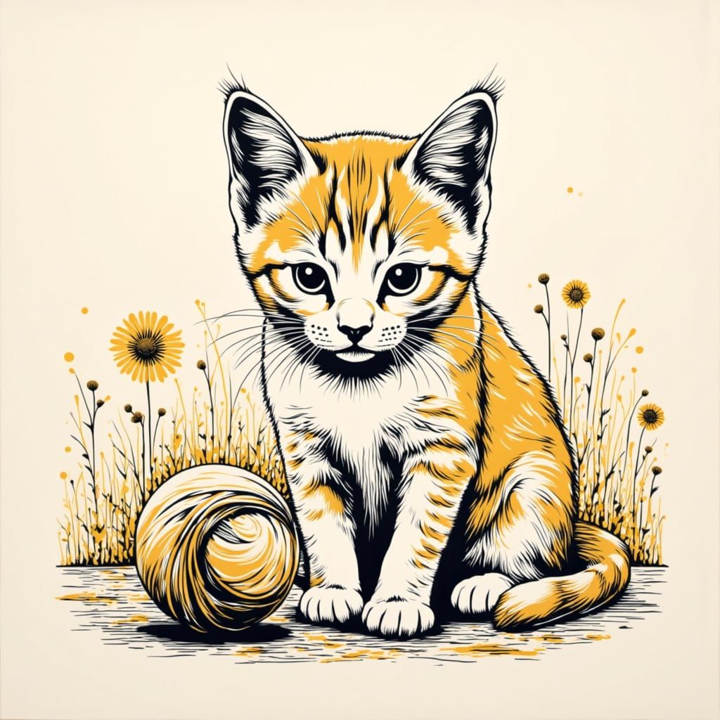 Silkscreen Kitten Plays with Wool Ball