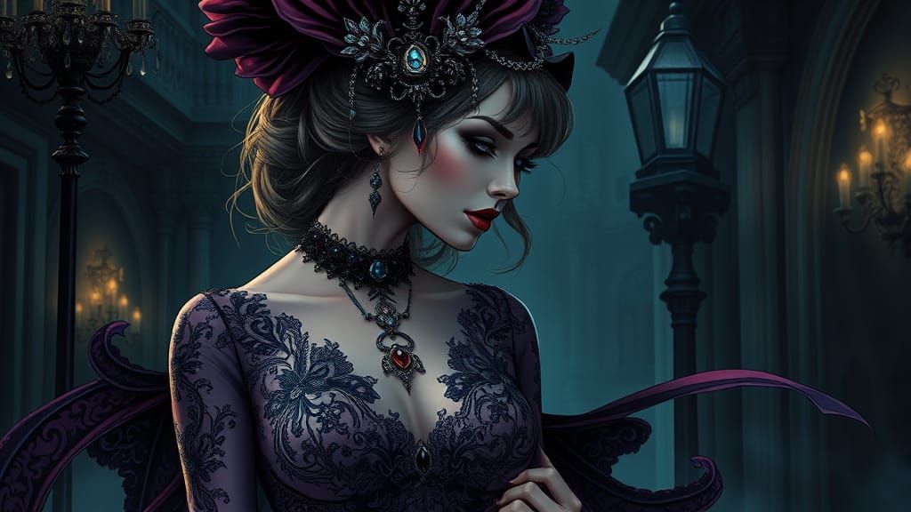 Gothic Woman in Lace and Velvet, Comic Book Art