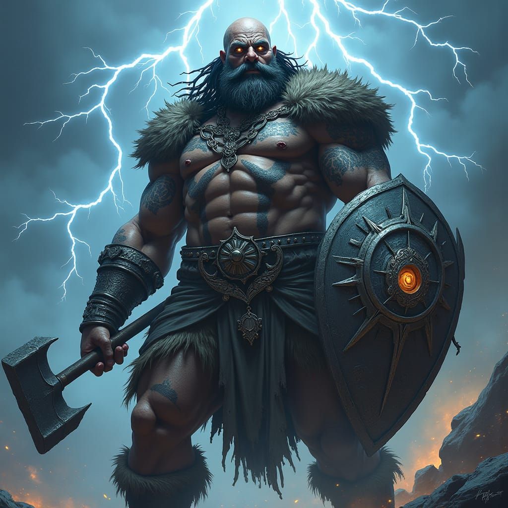 Imposing Goliath Cleric with Tempest Shield, Fantasy Art