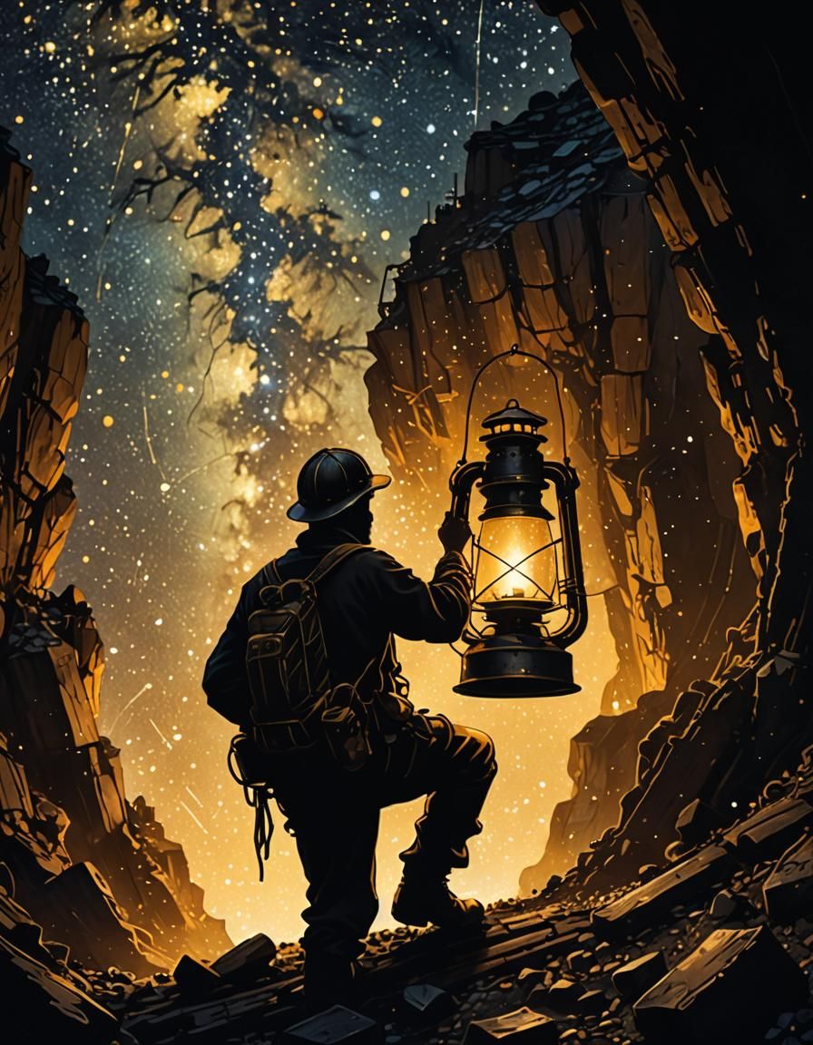 Miner in a Mine Shaft with Lantern