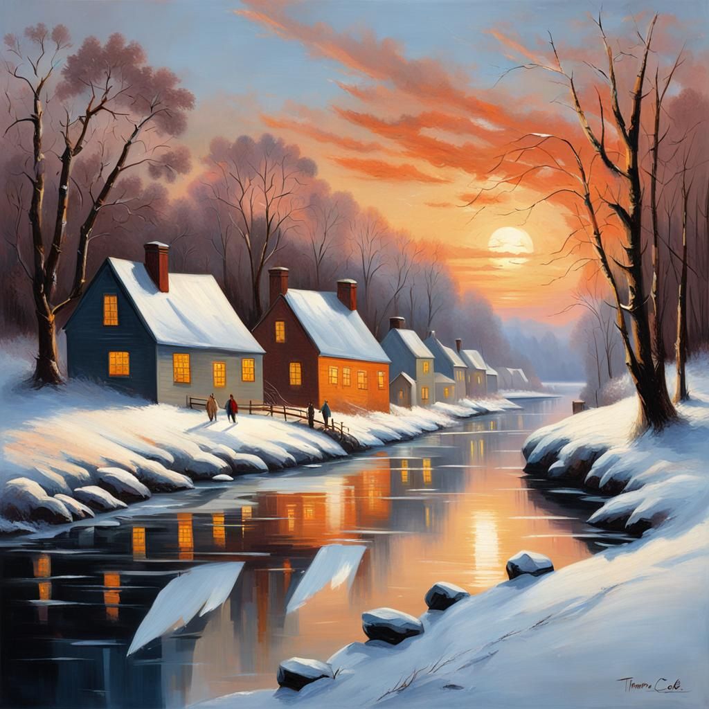 Winter Village Along the Frozen River in Hudson River Style