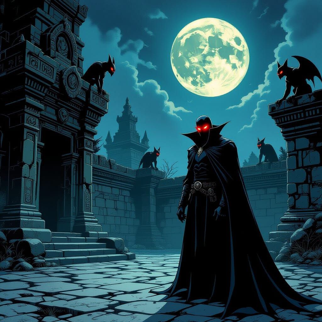Gothic Vampire in Ancient Temple Courtyard
