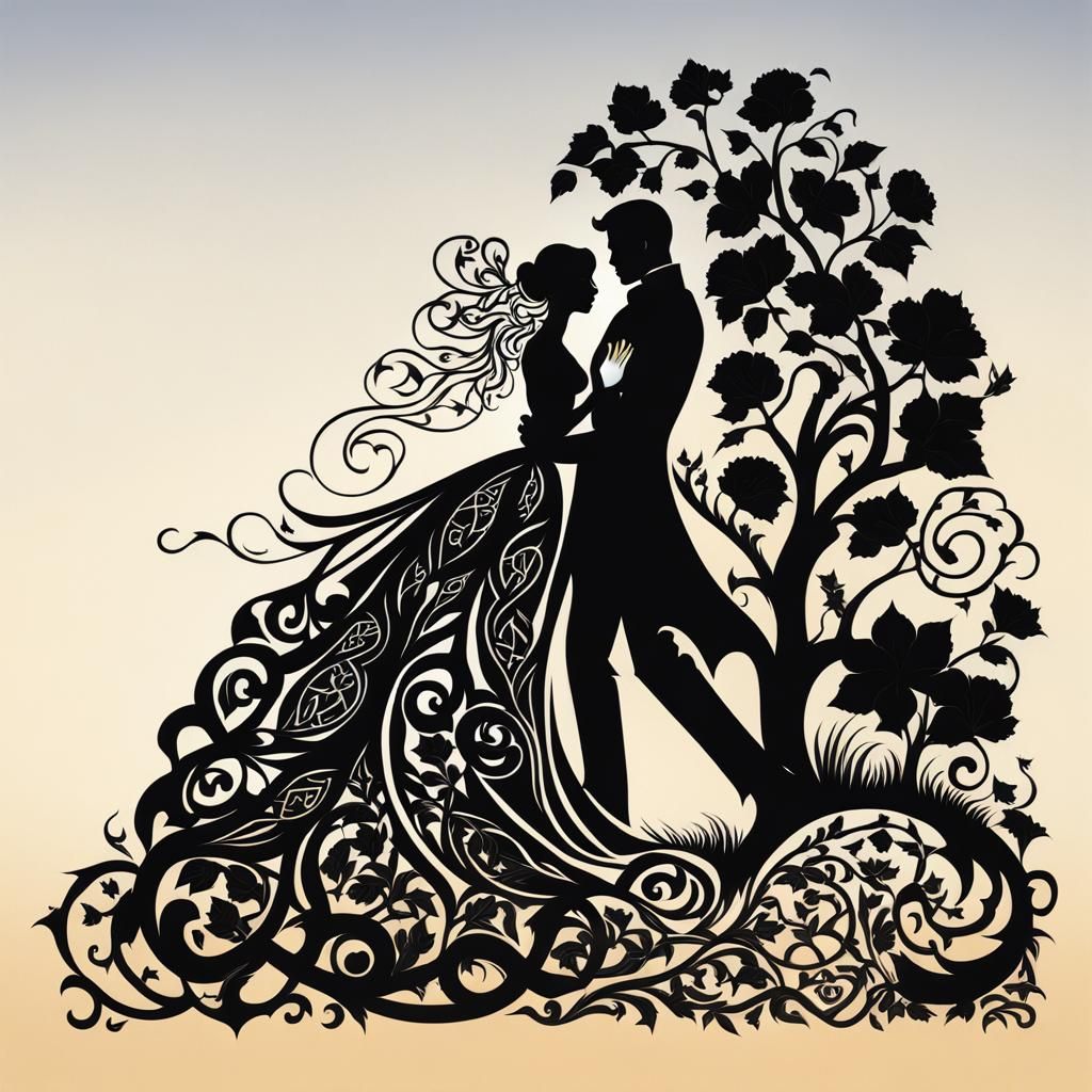 Elegant Victorian Couple Silhouette in Garden