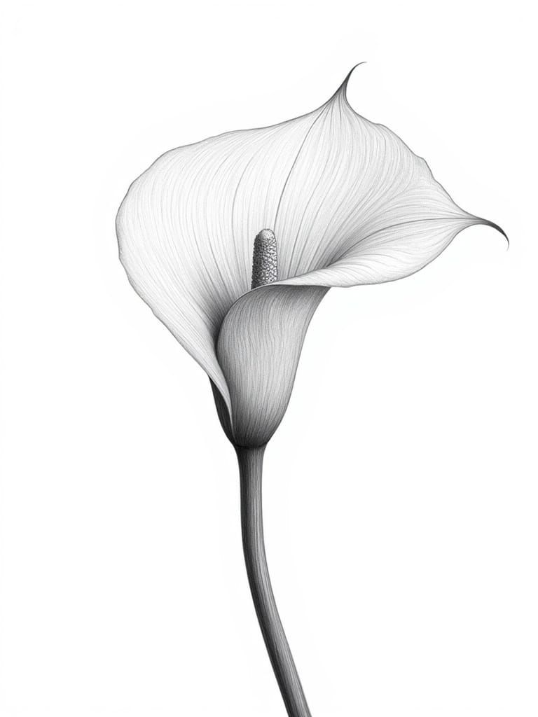 Realistic Pencil Drawing of a Calla Lily Flower in Black and...