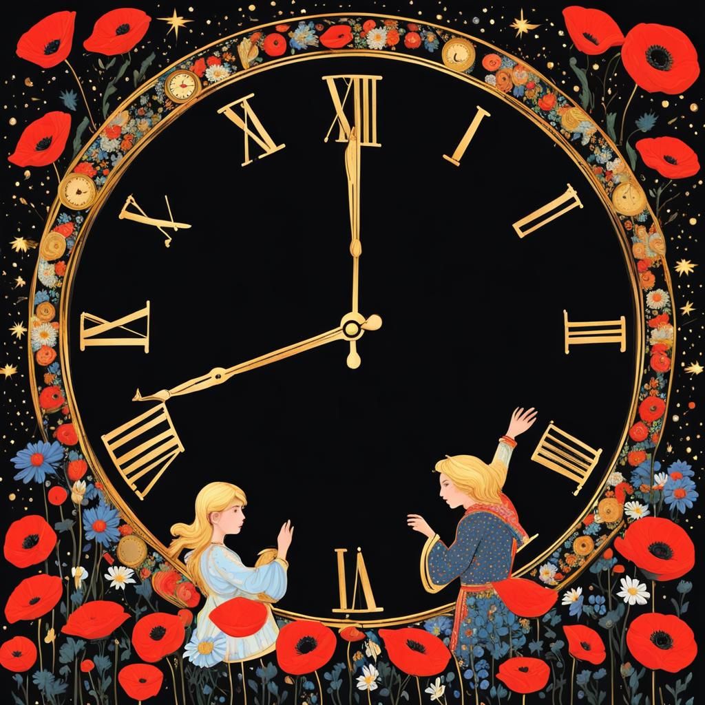 People Pushing Clock Hand Under Fairy Lights in Palekh Style