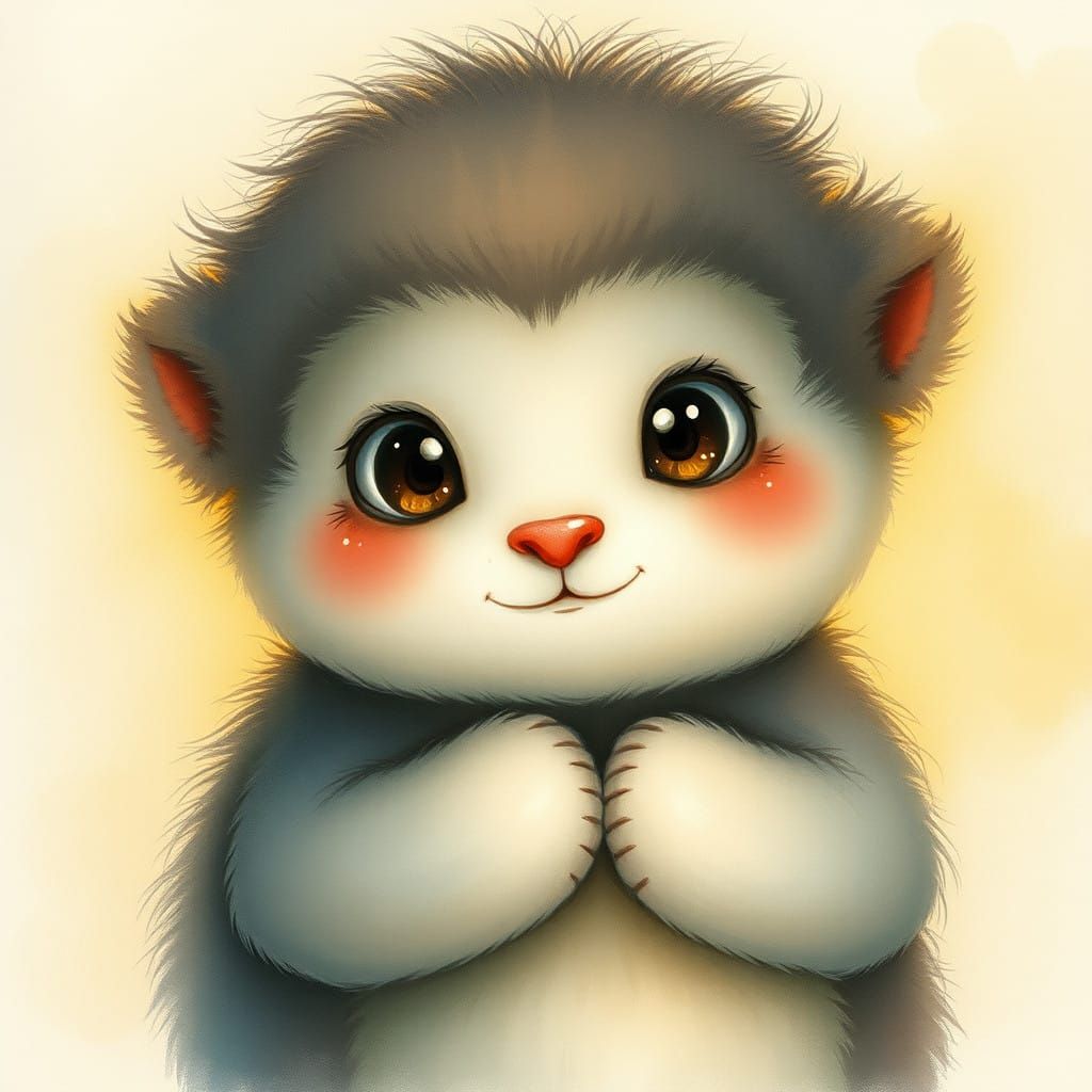 Whimsical, Emotive Creature in Watercolor Dreamscapes