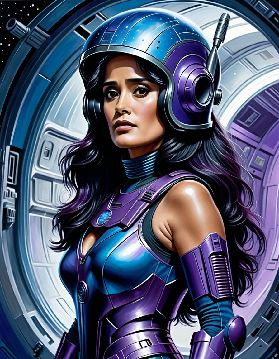 Futuristic Space Soldier in Blue and Purple Oil Painting