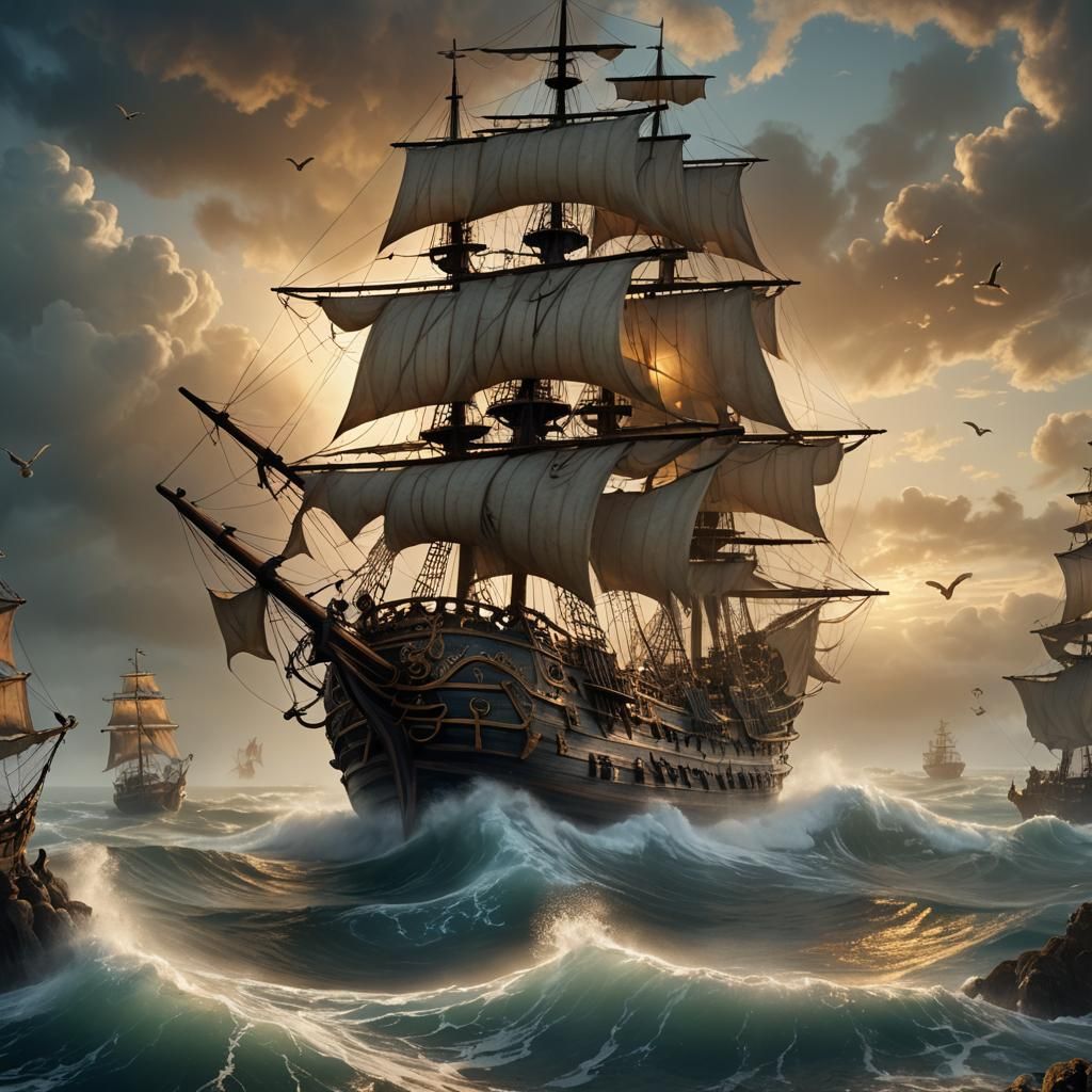 Pirate Ship in Misty Ocean: Fantasy Digital Art
