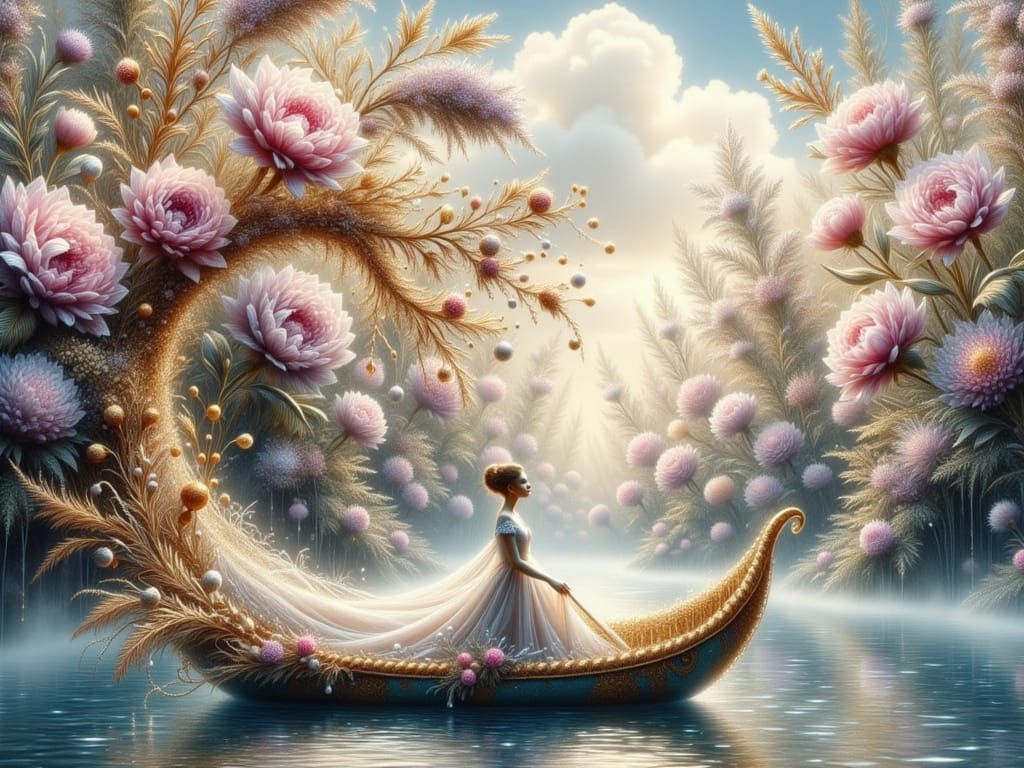 Ethereal Woman in Boat Surrounded by Australian Flowers