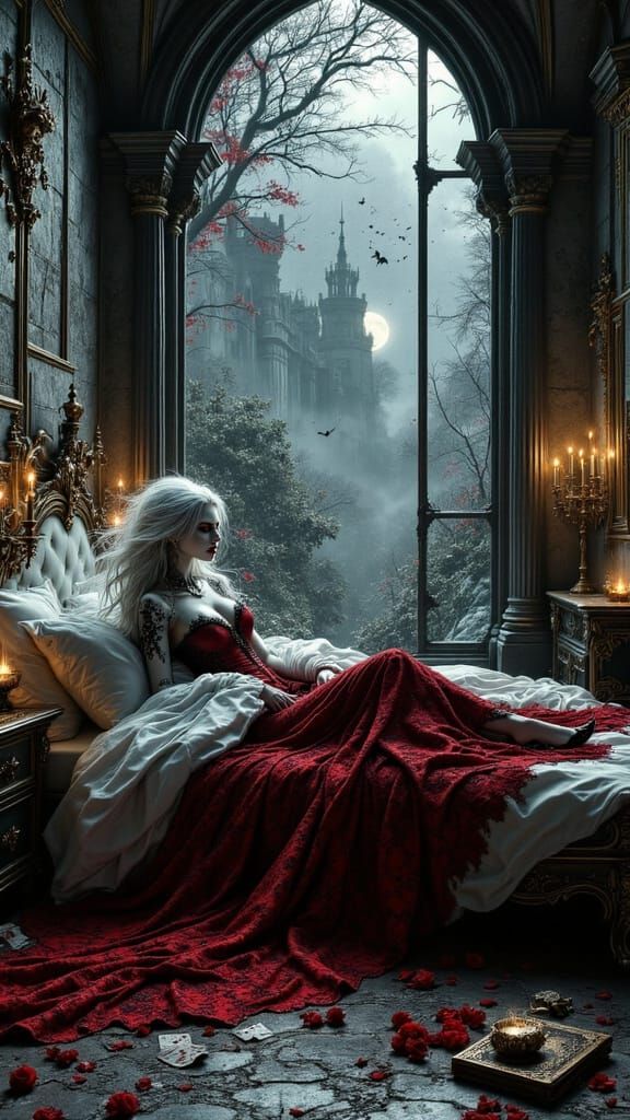Gothic Vampire Princess in Dark Castle Bedroom