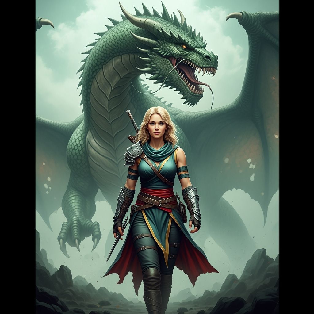 Woman and Dragon in Dramatic Cinematic Style