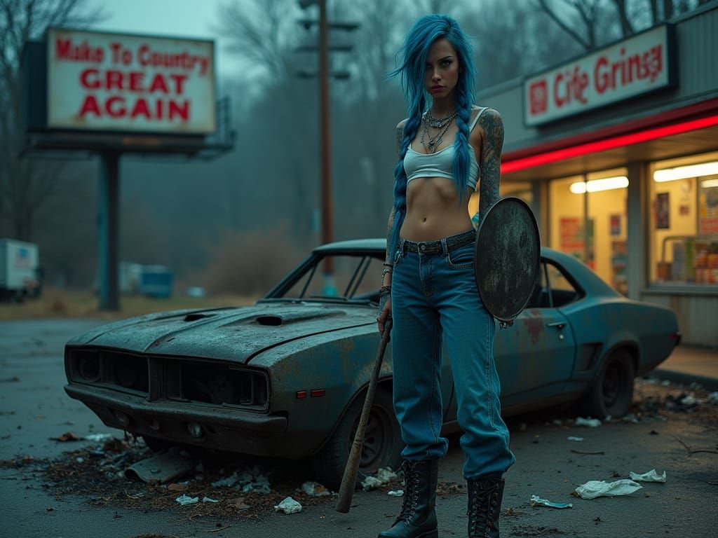 Gritty Female Rebel in Darkened Urban Landscape