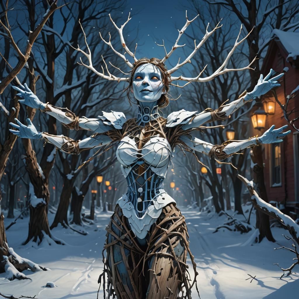 Hyperrealistic Snowman with Captive Woman in Icy Wonderland