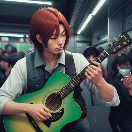 Busker playing the acoustic guitar in the subway for adoring fans